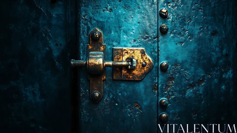 Weathered steel door latch under dramatic teal lighting.