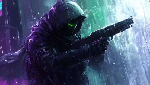 Cybernetic cloaked marksman with rifle in neon storm rain