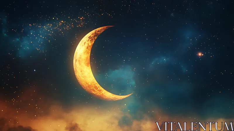 Luminous crescent moon amid stratified nebular starfield spectacle.