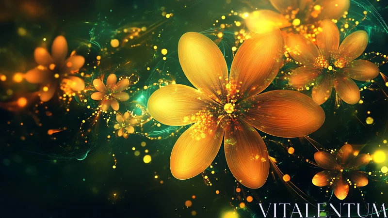 Glowing orange digital flowers on dark abstract background.