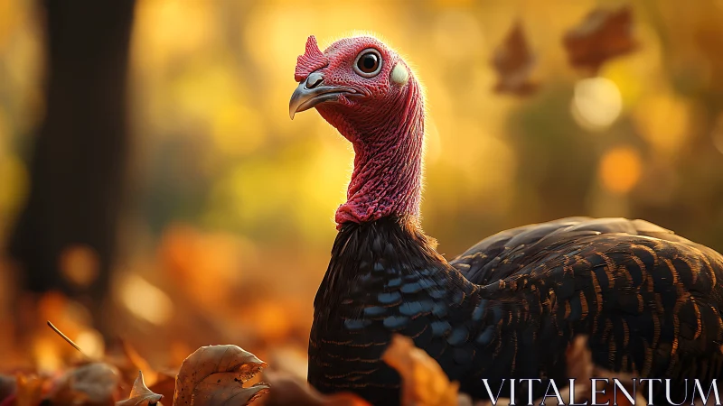Wild Turkey Profile Against Autumn Foliage.