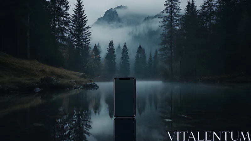 Silent phone oracle in mist-drenched forest lagoon night.