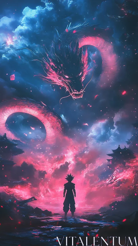 Celestial dragon eclipse above lone anime warrior silhouette.