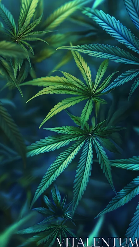 Digital rendering shows layered cannabis leaves in cool light