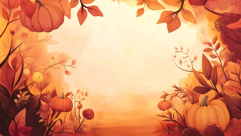 Pumpkins and autumn foliage frame warm blank background