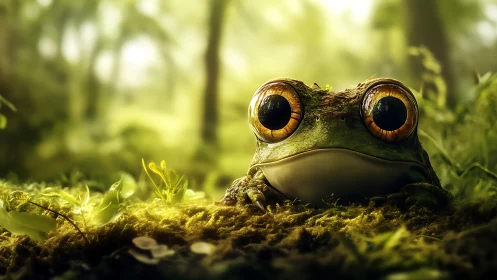 Wide-eyed forest frog in a dreamy sunlit moss world.
