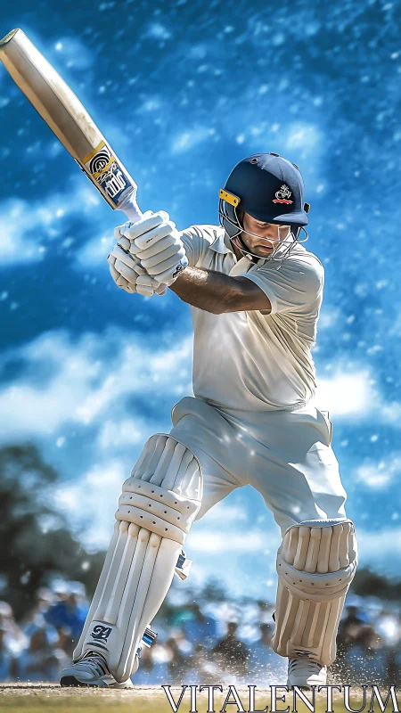 Dynamic cricket batsman in action, high-contrast digital painting.