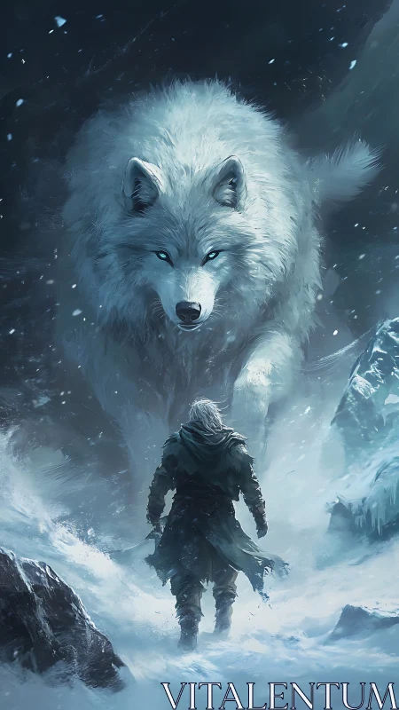 Giant spectral ice wolf confronting lone cloaked warrior in blizzard