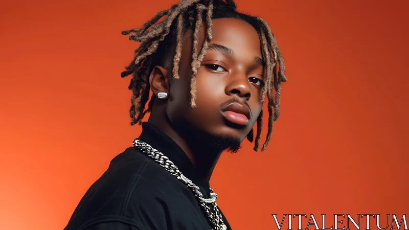 Portrait of stylish man in studio lighting against orange backdrop