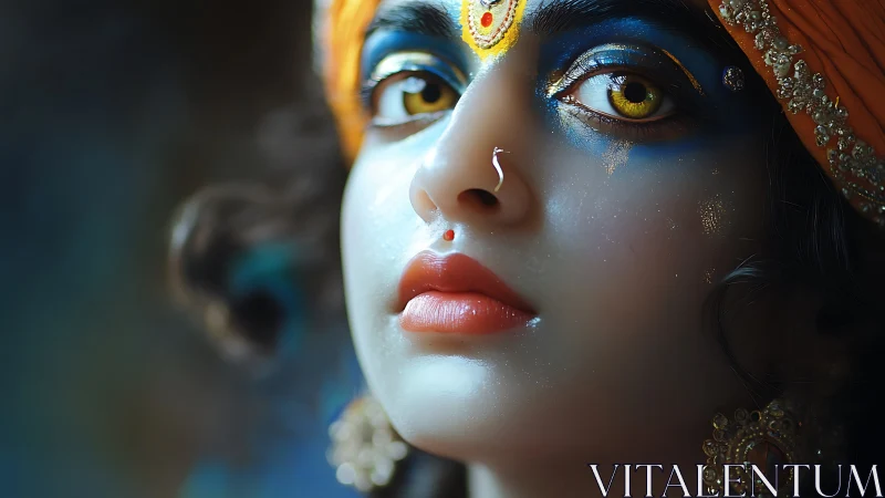 Close portrait of stylized figure with blue facial paint.