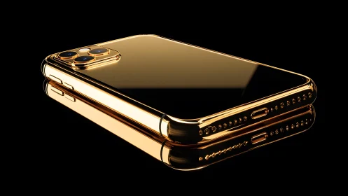 Luxurious gold smartphone on black background, modern style.