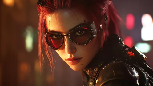 Cyberpunk heroine glares through neon haze with fierce resolve