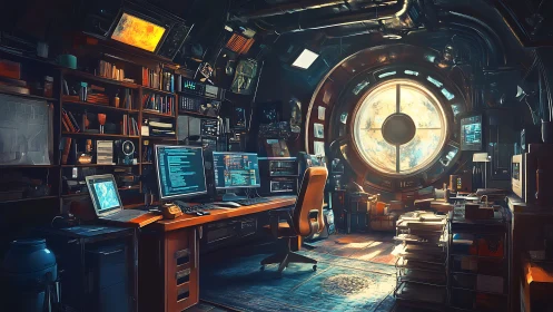 Cyberpunk orbital coder&rsquo;s workstation with panoramic porthole
