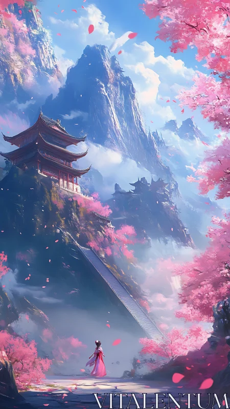 Vertical shrine ascent through cherry-blossom mountain atmosphere.