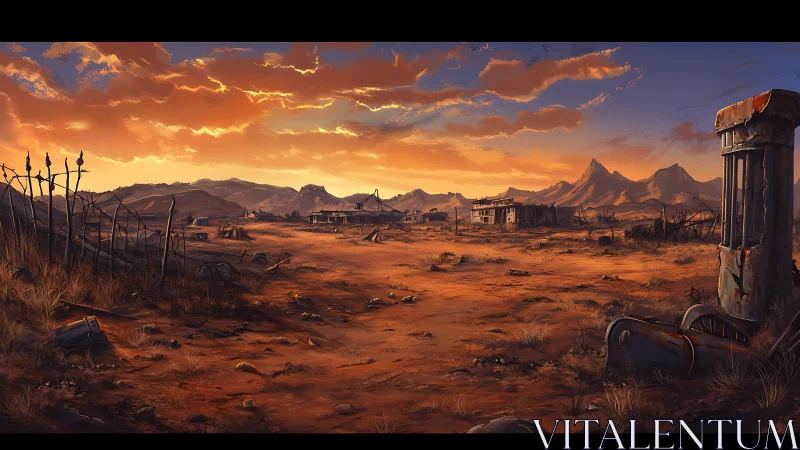 Sunlit post apocalyptic desert town with rusted relics.