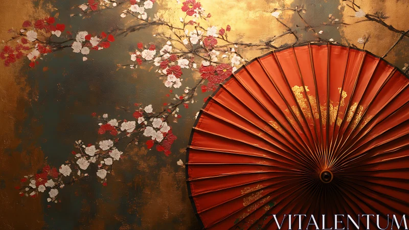 Burnt-gold blossom wall with radiant vermilion parasol fan.