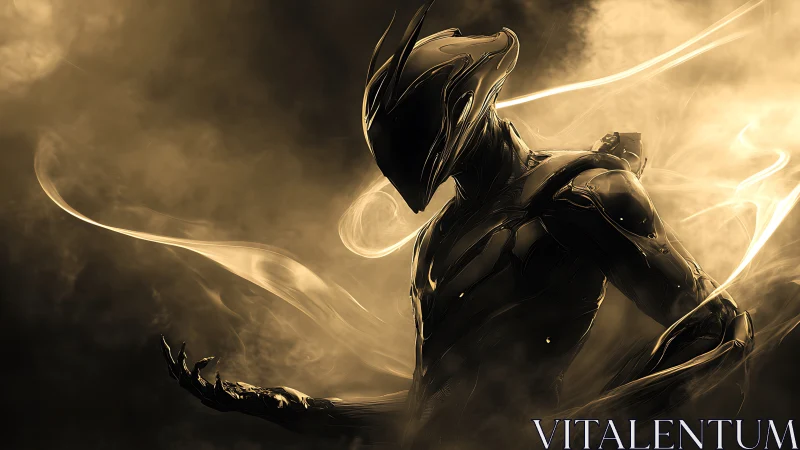 Chromed biomech sentinel in volumetric plasma haze poised.