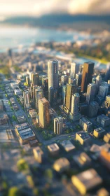 Sunlit skyscrapers rise over a detailed coastal downtown.