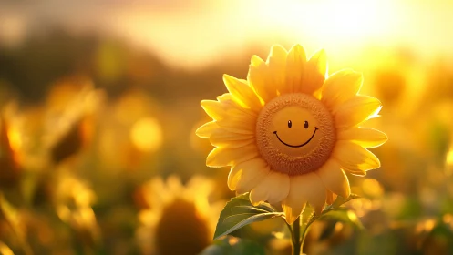 Smiling sunflower face glows against warm golden sunset field