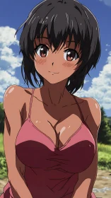 Summer-sun anime girl in rose dress under bright sky.