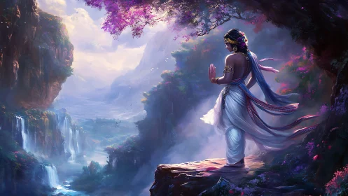 Figure on cliff edge overlooking misty waterfalls valley.