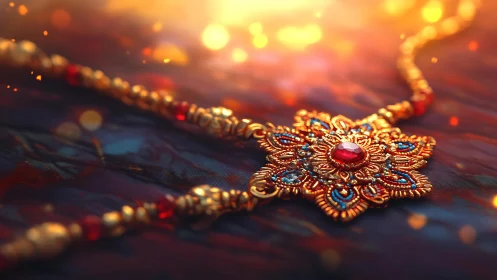 Macro digital jewel pendant on bokeh-lit textile surface.