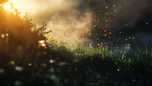 Sunlit forest grass with warm glowing dust motes.