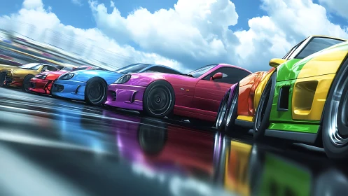 Chrome rainbows roar across a mirror-bright racetrack sky.