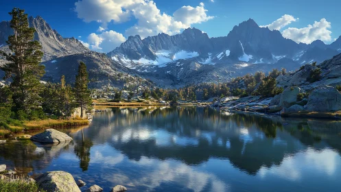 Alpine glacial lake reflects serrated granite peaks in clear air