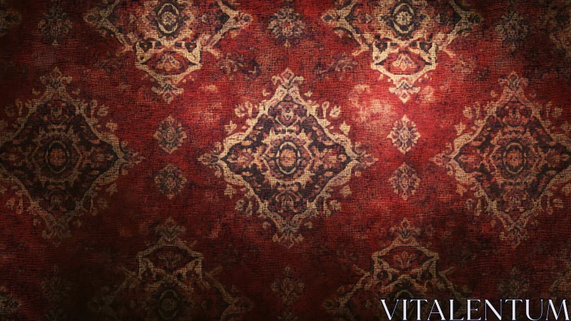 Ornate crimson rug with aged oriental medallion pattern.