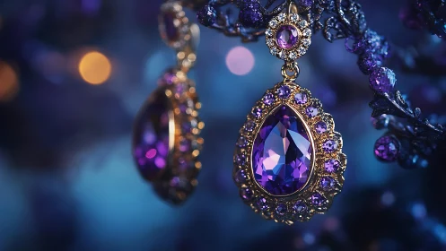 Ornate amethyst teardrop earrings glow against bokeh background