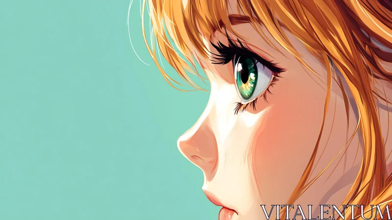 Thoughtful girl with bright green eyes in soft profile view.