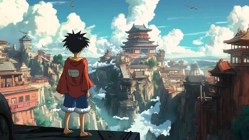 Cliffside dreamer gazes toward sky-kissed temple kingdom.