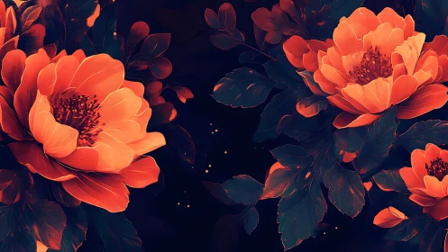 Luminescent Peony Blooms with Neon Orange Gradients Against Deep Navy Background