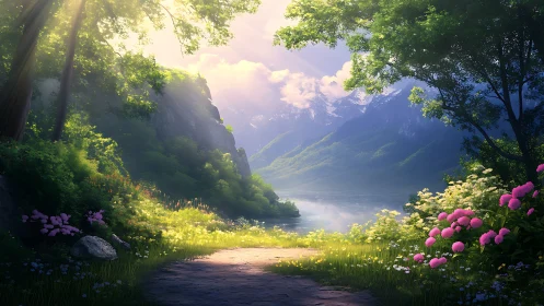 Radiant alpine valley with lakeside flora under volumetric light.