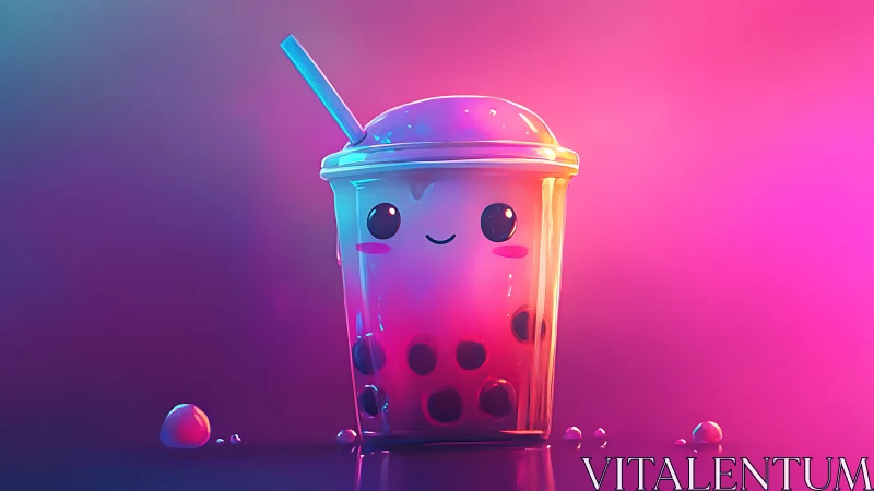3D kawaii bubble tea cup under neon gradient lighting.
