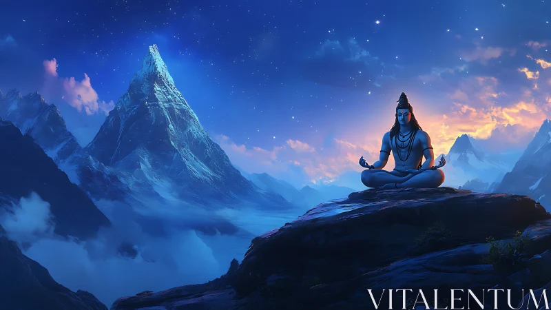 Shiva statue meditating on rocky peak under twilight sky.