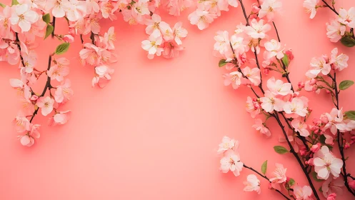 Cherry blossom branches are arranged on a coral background