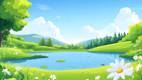 Idyllic summer lake with wildflowers and rolling hills.