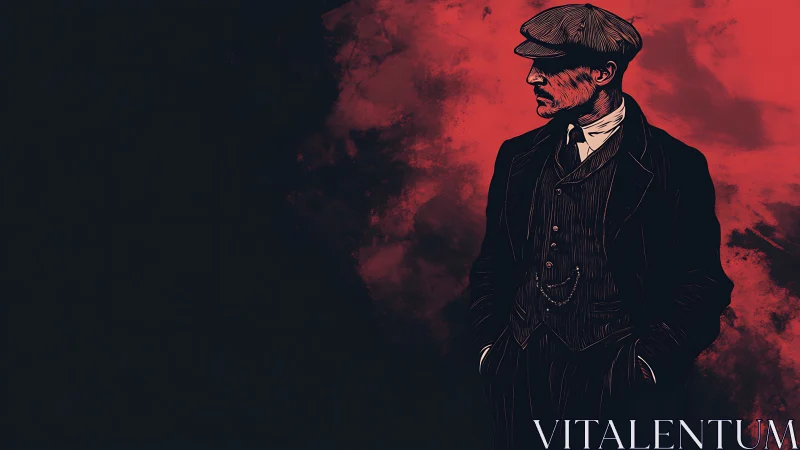 Side-view man in vintage suit against red abstract backdrop.