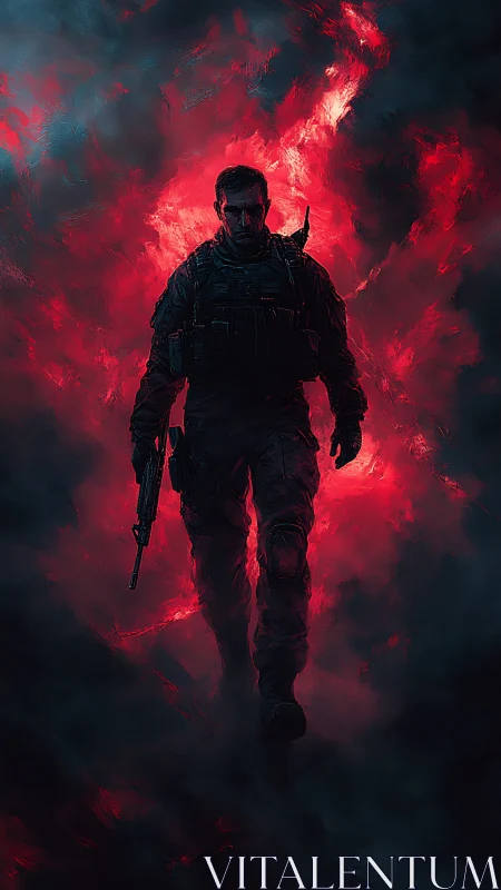 Armed soldier silhouette in red backlit smoke field.