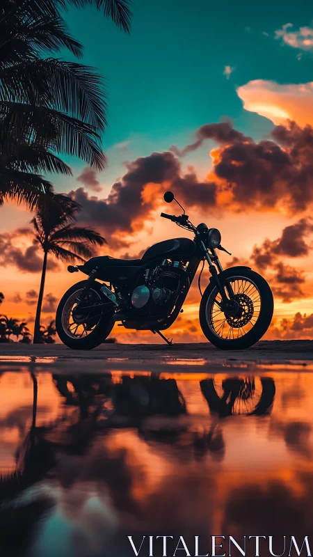 Silhouetted motorcycle captures a fiery tropical sunset ride