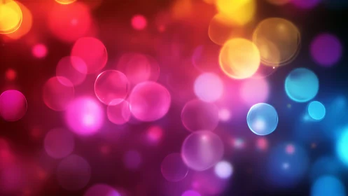 Colorful bokeh circles on dark abstract blurred background.
