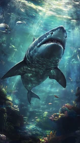 Great white shark dominates vibrant sunlit reef scene.