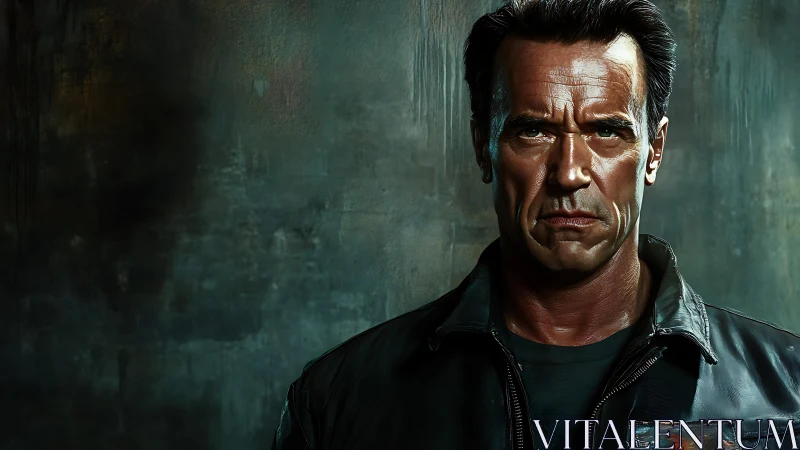 Digital portrait shows stern older man in dark leather jacket