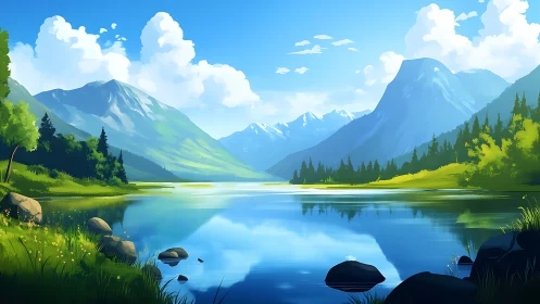 Digital painting of alpine lake panorama with vivid lighting.