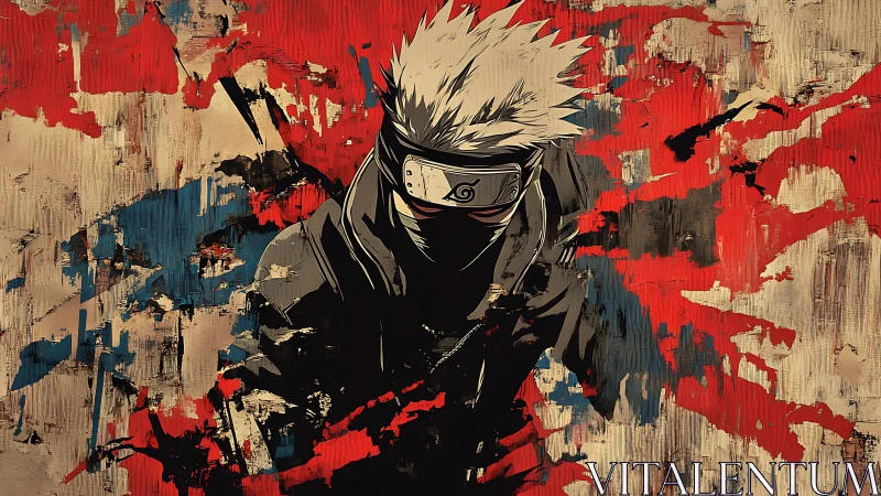 Masked ninja erupts from bold abstract red and beige strokes.