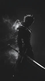 Shadow knight stands in dim light gripping massive sword