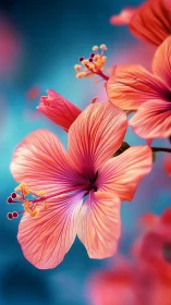 Macro Hibiscus Flores with Intricate Stamen Architecture Under Cyan Atmospheric Backdrop.