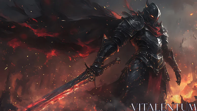 Armored dark knight with flaming sword in burning wasteland.